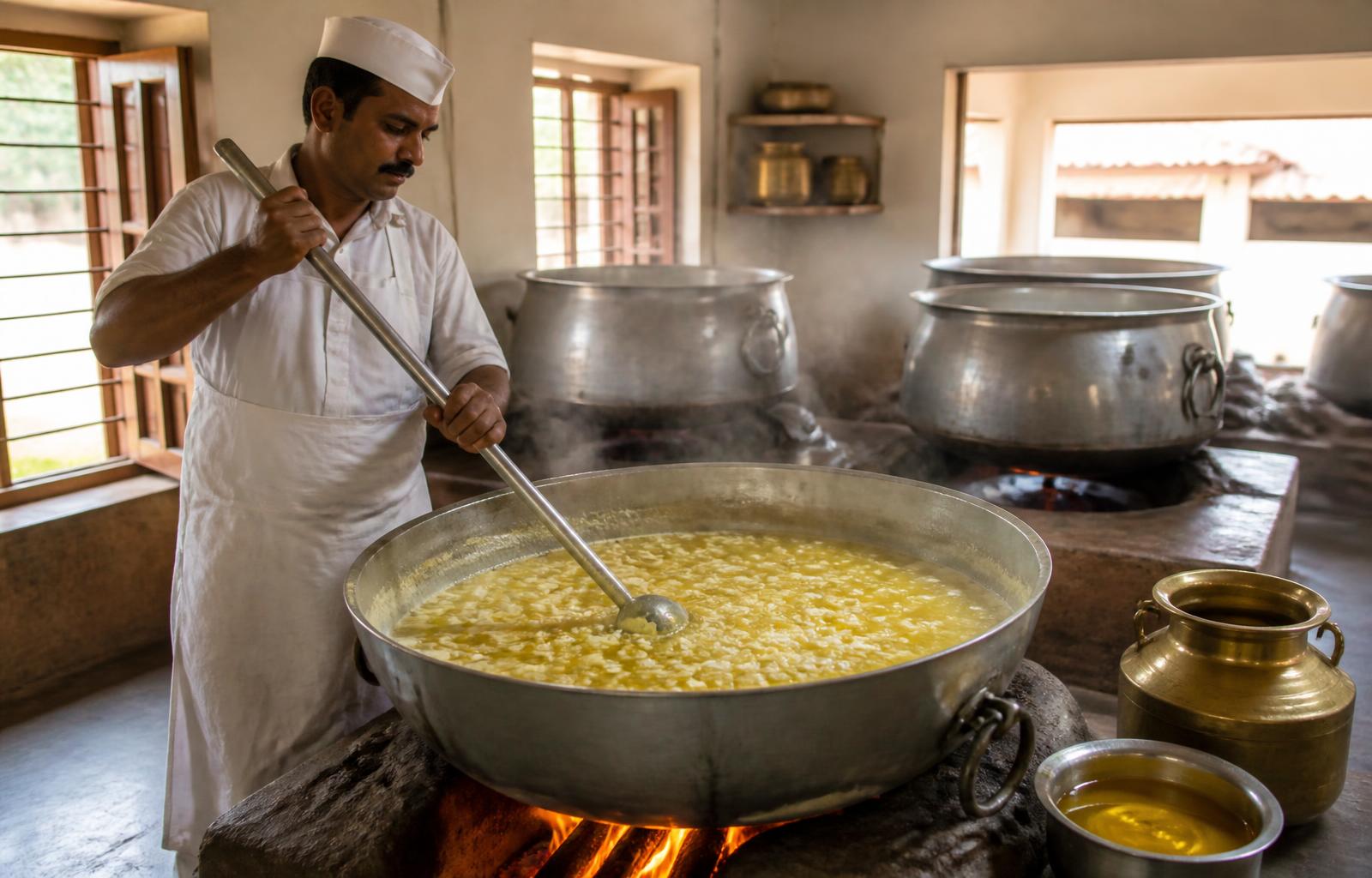 Butter being slow-cooked into golden ghee at the Dhritabdhi dairy