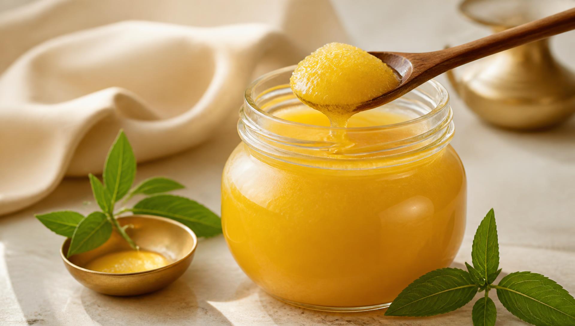 Golden desi ghee in a glass jar with a wooden spoon